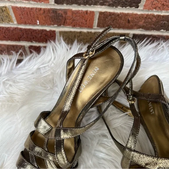Nine West Shiny Gold Strappy Open Toe Sling Back Pump Heels - Picture 4 of 7